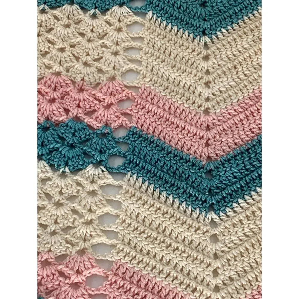 Crochet Apron Retro Striped Green Pink White Vintage Handmade Scalloped Hem